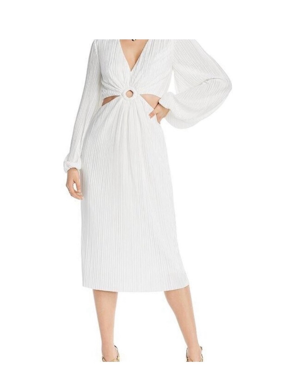 LINI White Long Sleeve Midi Dress with Front Ring Cutout